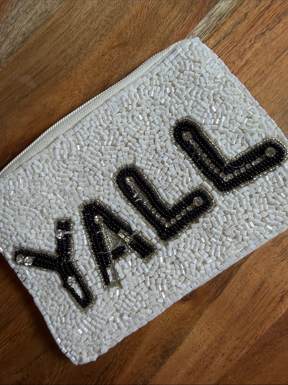 Beaded White YALL Embellished change or make up bag